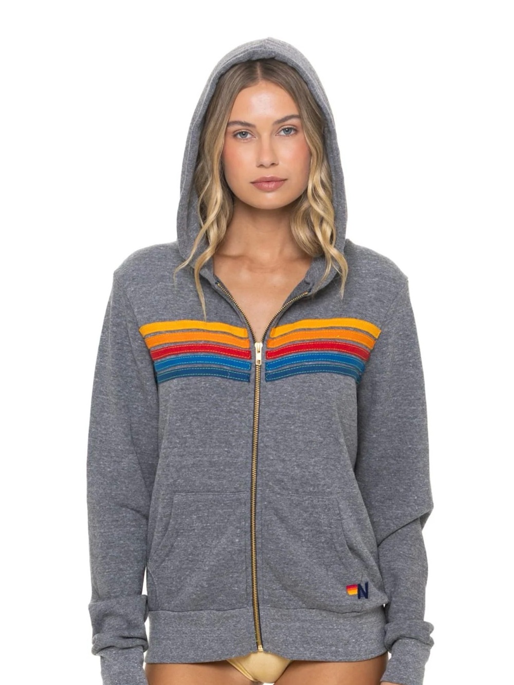 Aviator Nation 5 Stripe Hoodie - Small - Heather Gray
